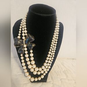 Vintage (?) 3 Strand Faux Pearl/ribbon Necklace